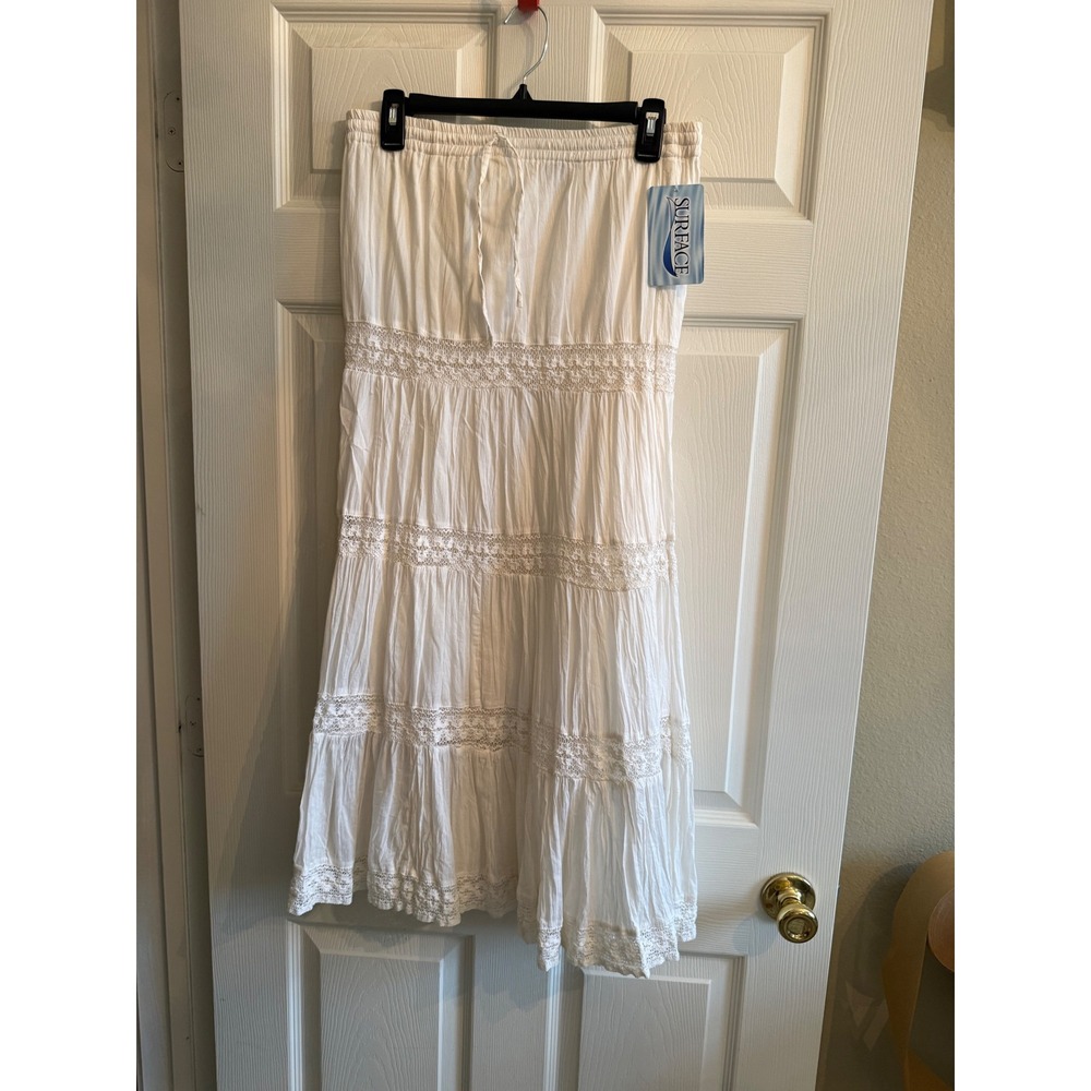 Surface White Cotton Tiered Maxi Skirt Crochet Lace Trim Boho Medium NWT